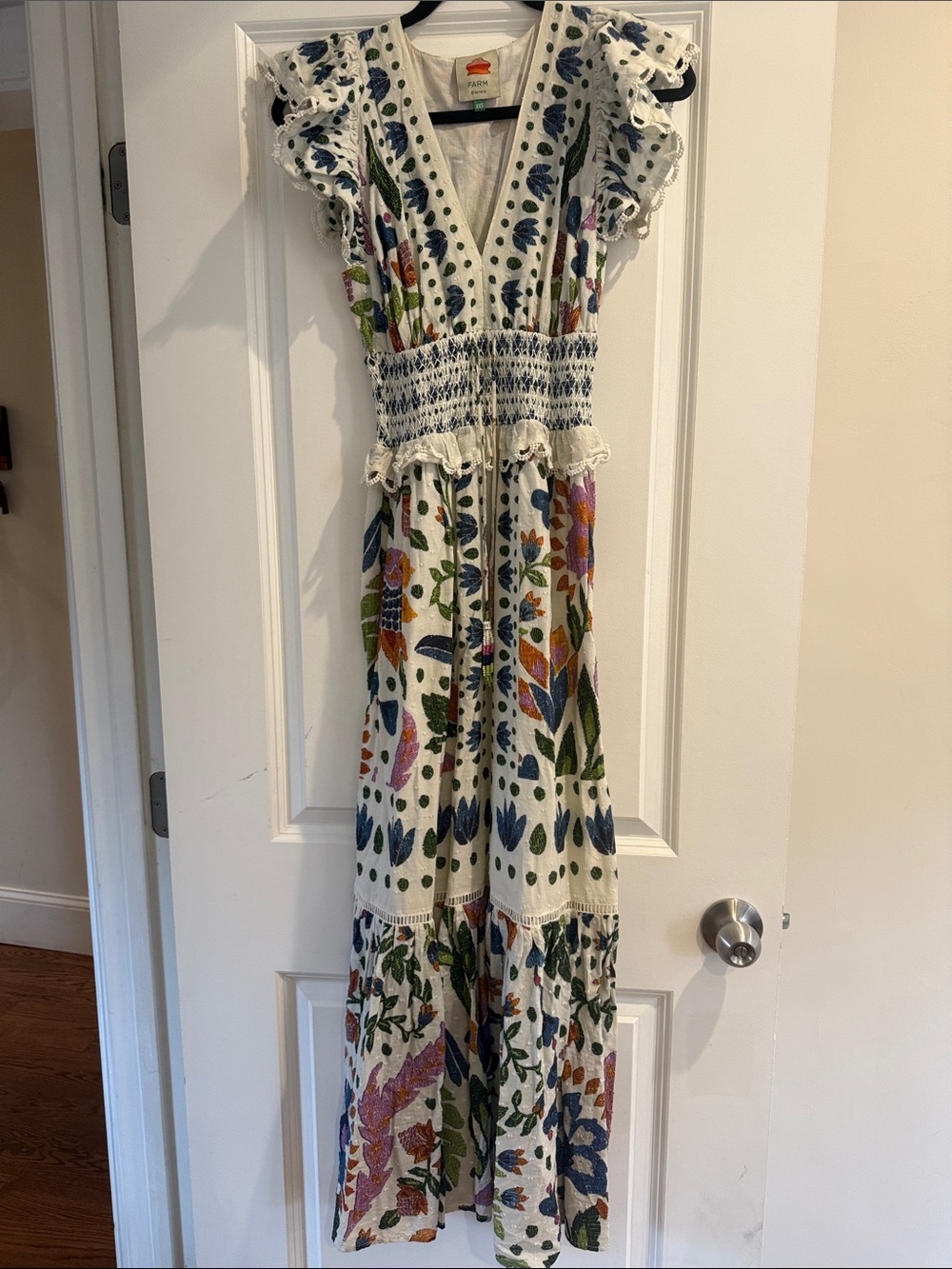 FARM Rio White Floral Embroidered Maxi Dress with Blue, Green & Orange Accents